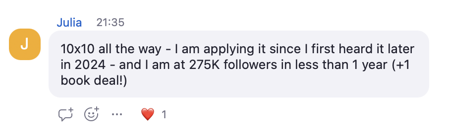 Julia grew to 275K followers in less than 1 year using the 10x10 strategy